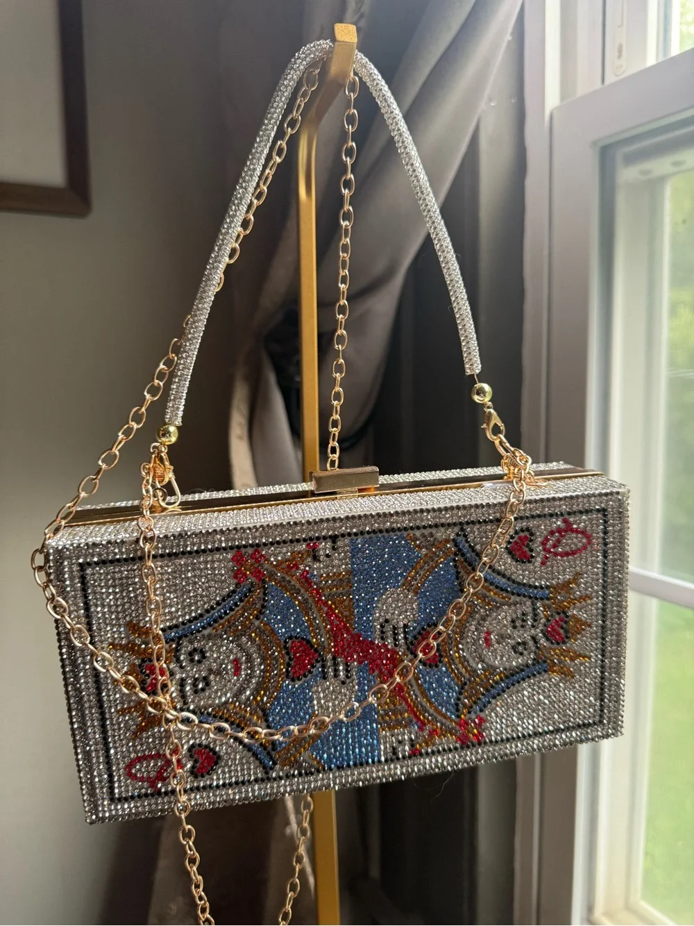 Crystal Embellished Rectangular Evening Bag - Silver Multicolor